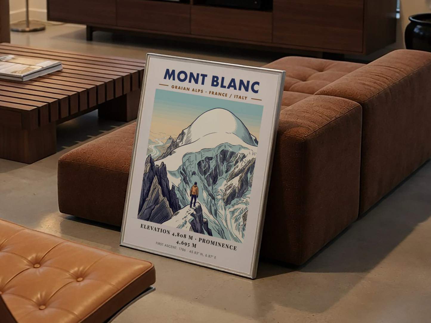 Poster of Mont Blanc featuring a climber overlooking snowy peaks in the Alps.