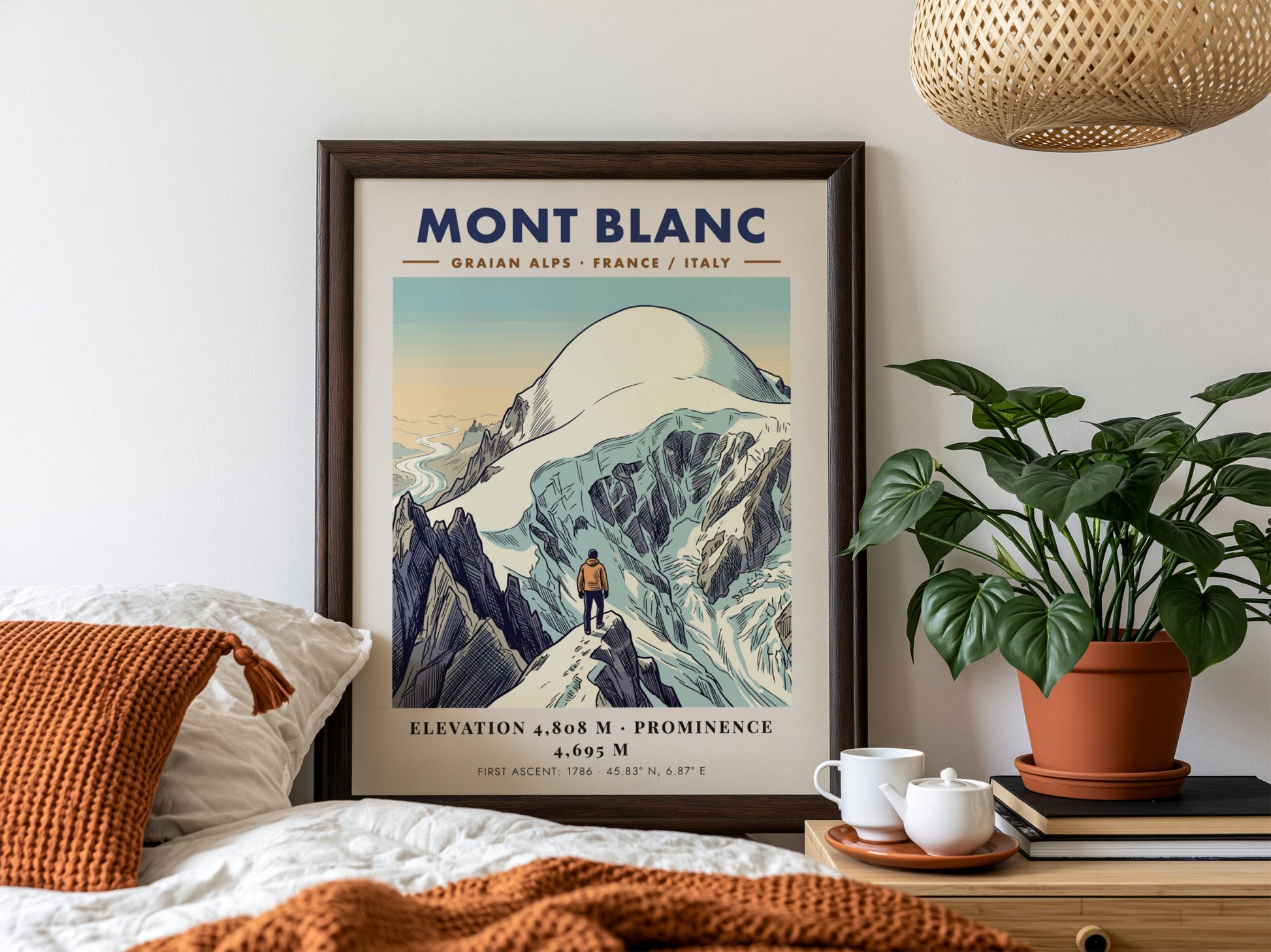 Poster of Mont Blanc featuring a climber overlooking snowy peaks in the Alps.