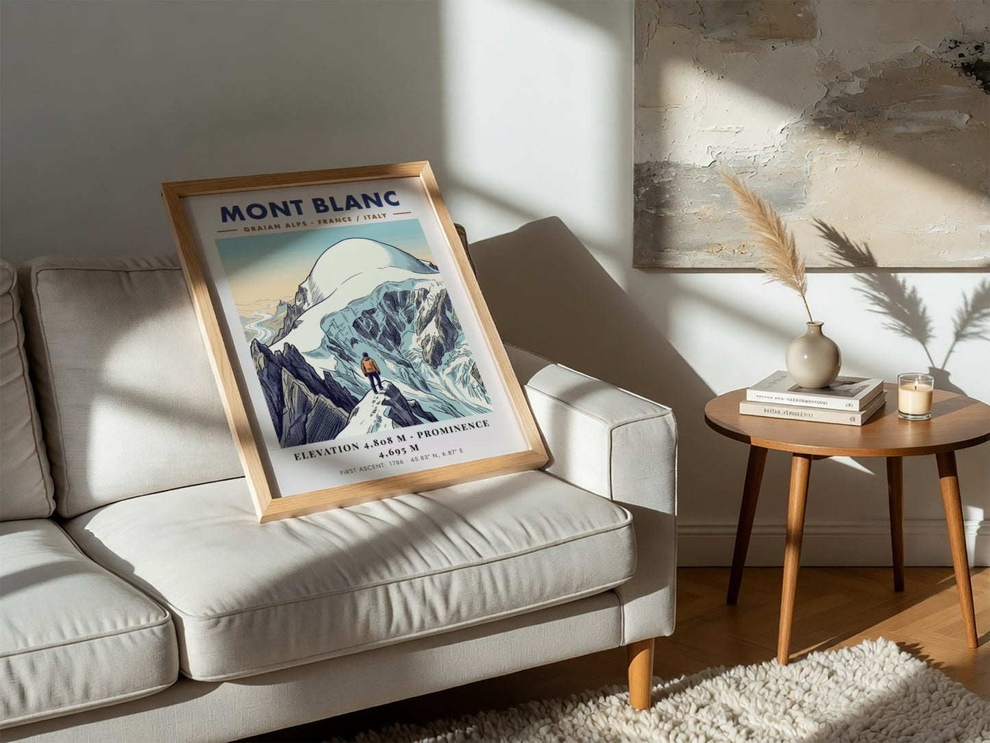 Poster of Mont Blanc featuring a climber overlooking snowy peaks in the Alps.