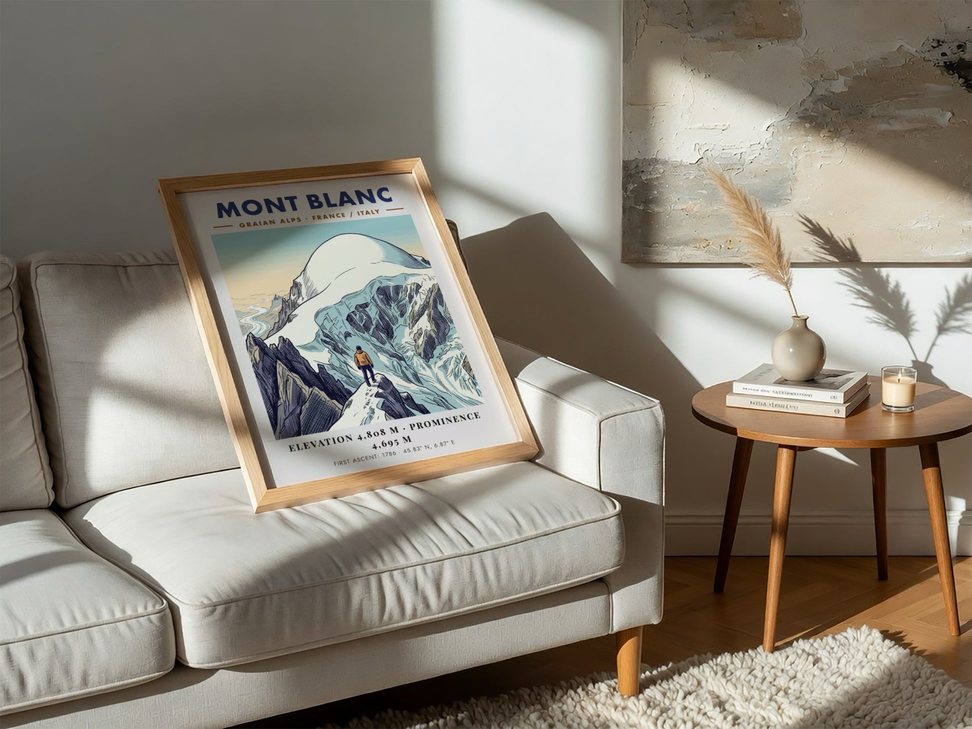 Poster of Mont Blanc featuring a climber overlooking snowy peaks in the Alps.