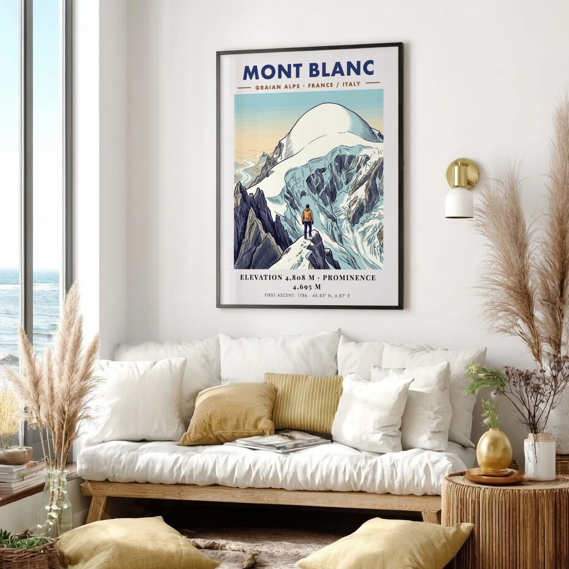 Poster of Mont Blanc featuring a climber overlooking snowy peaks in the Alps.