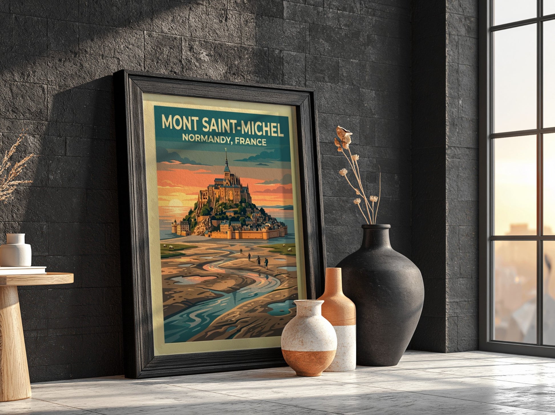Travel poster of Mont Saint-Michel in Normandy with a golden sunset and hikers