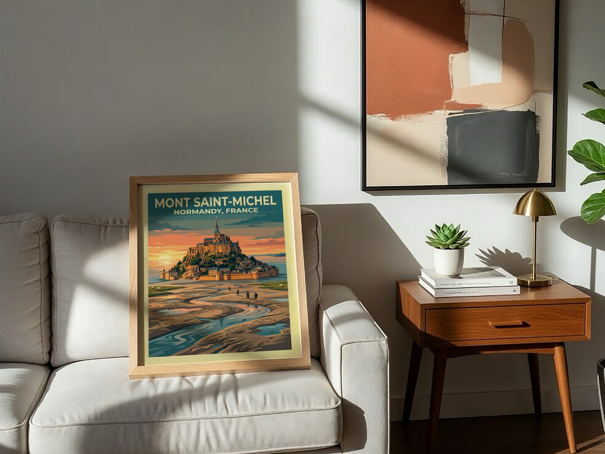 Travel poster of Mont Saint-Michel in Normandy with a golden sunset and hikers