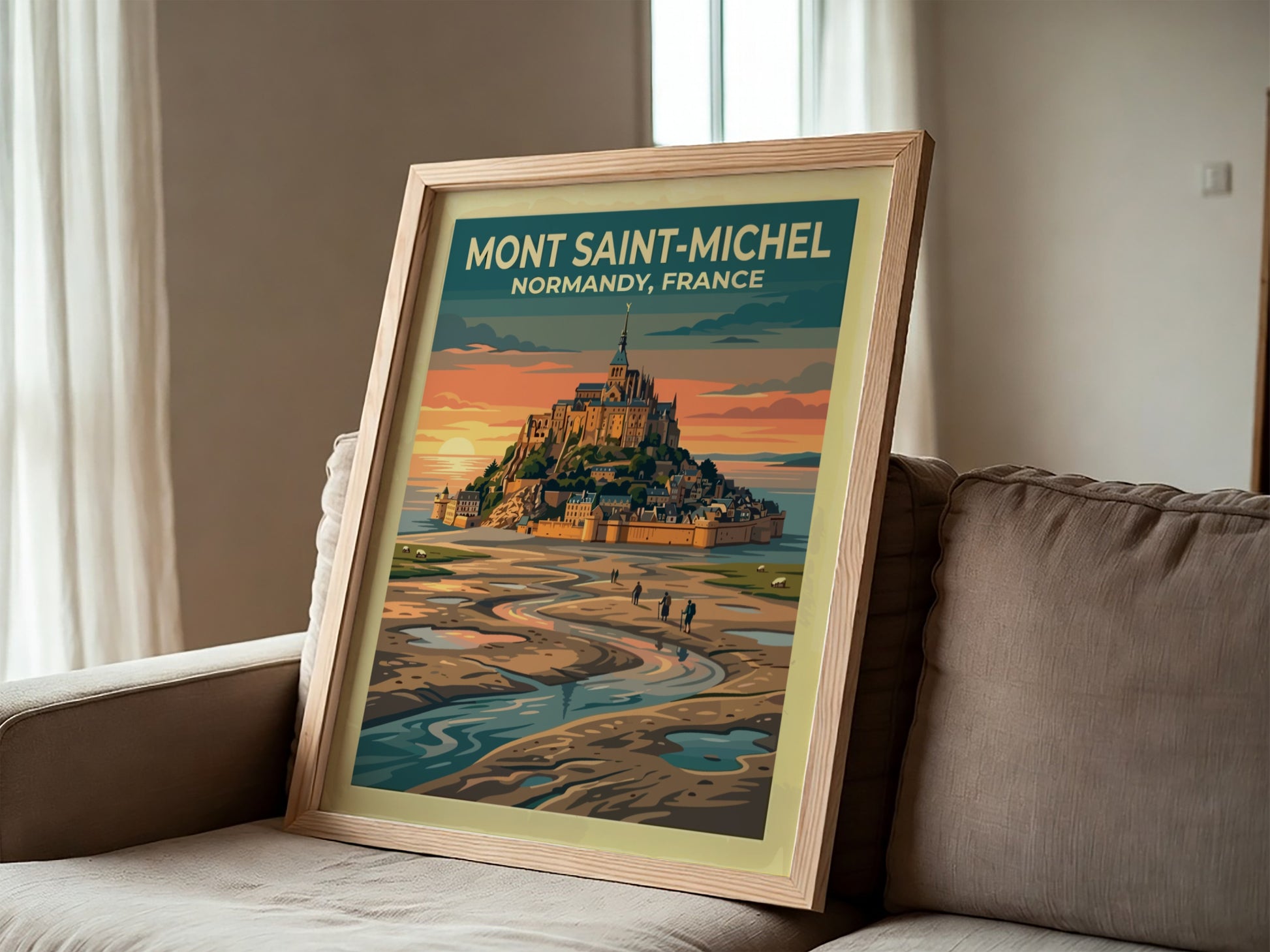 Travel poster of Mont Saint-Michel in Normandy with a golden sunset and hikers