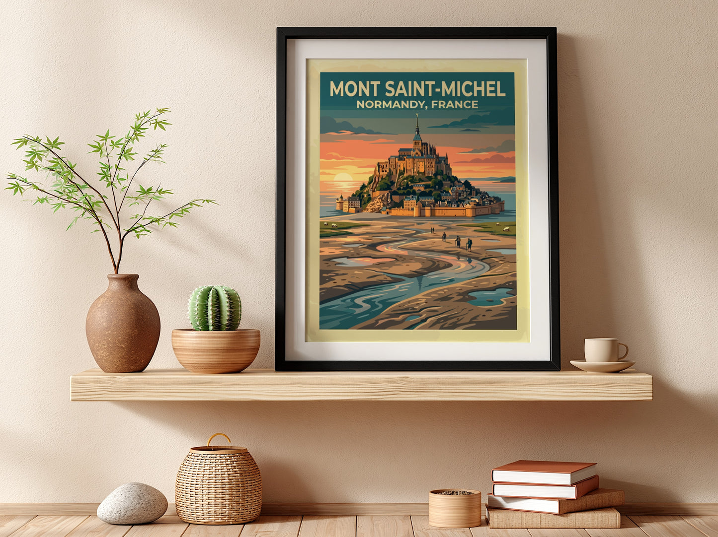 Travel poster of Mont Saint-Michel in Normandy with a golden sunset and hikers