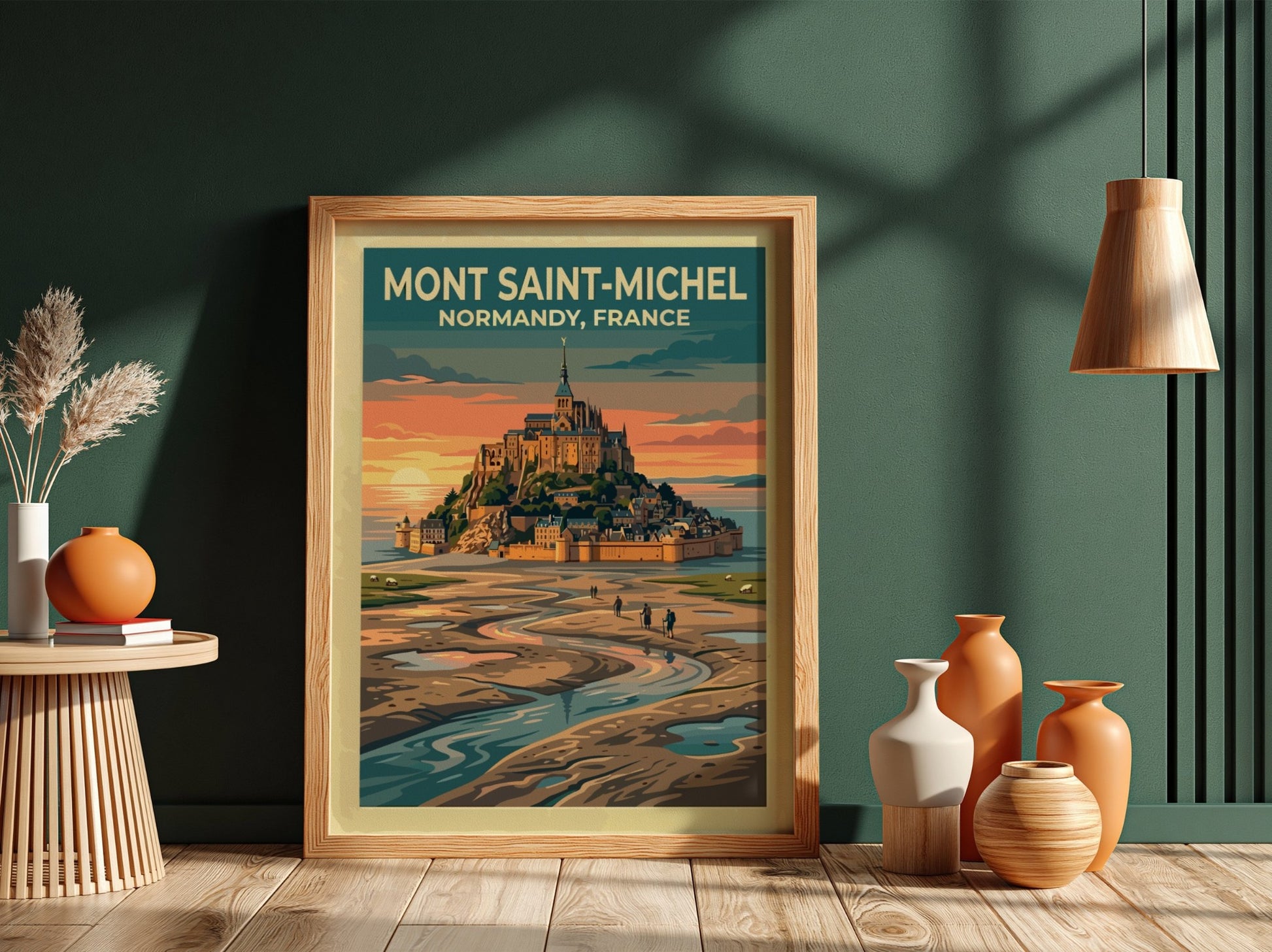 Travel poster of Mont Saint-Michel in Normandy with a golden sunset and hikers