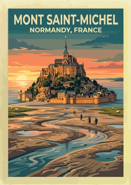 Travel poster of Mont Saint-Michel in Normandy with a golden sunset and hikers
