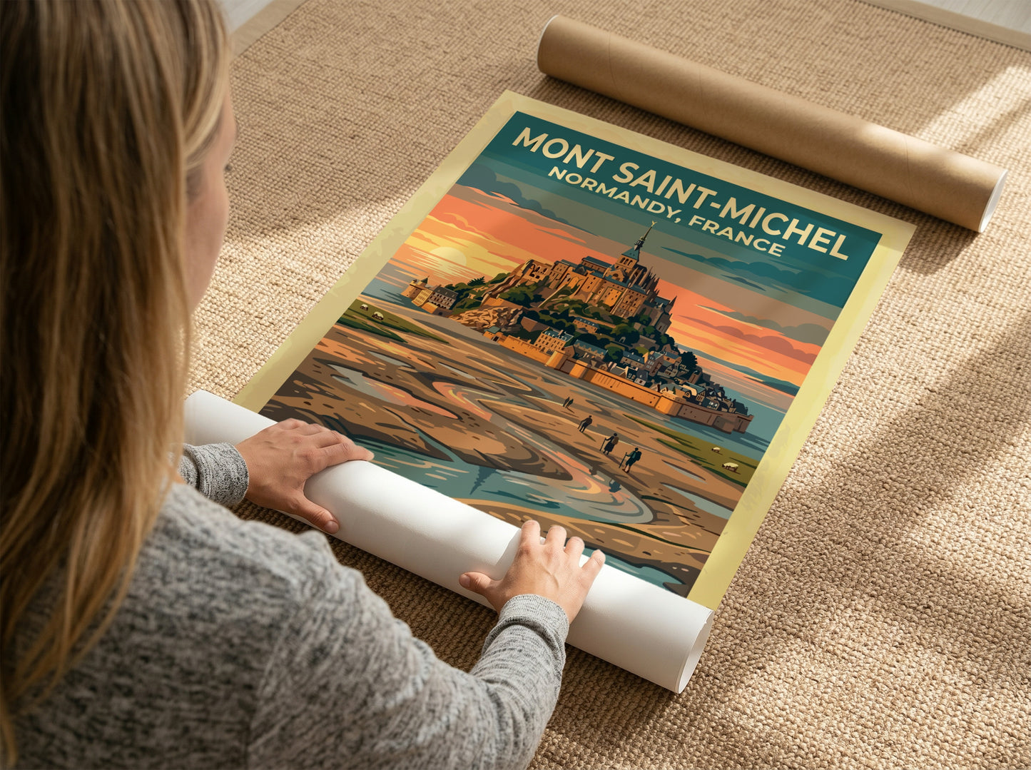 Travel poster of Mont Saint-Michel in Normandy with a golden sunset and hikers