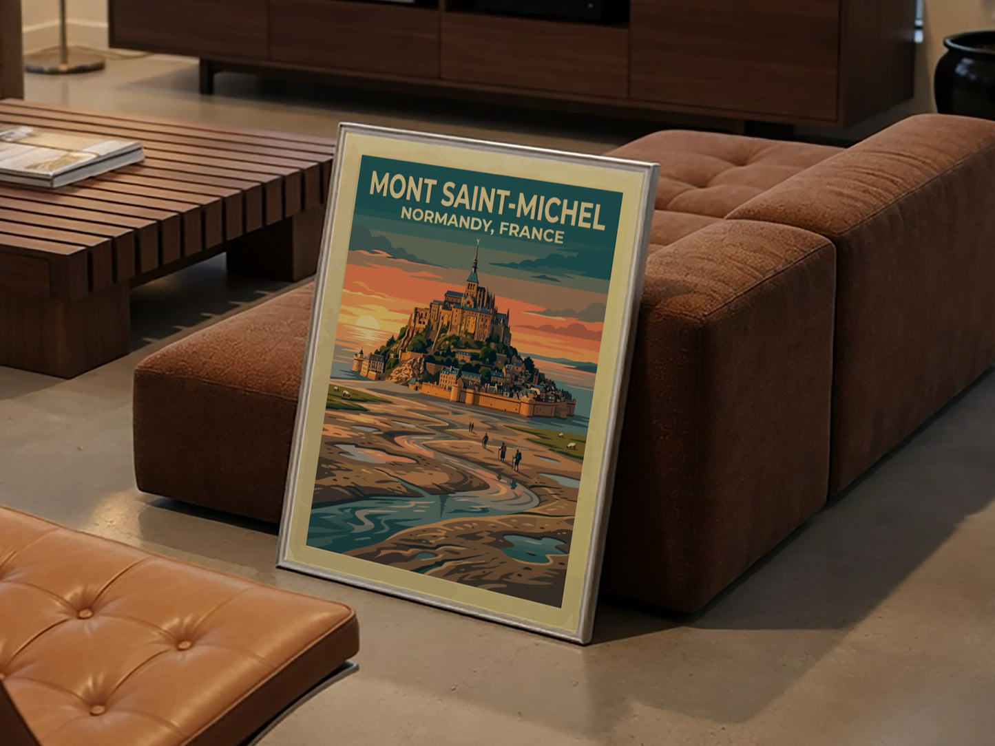 Travel poster of Mont Saint-Michel in Normandy with a golden sunset and hikers