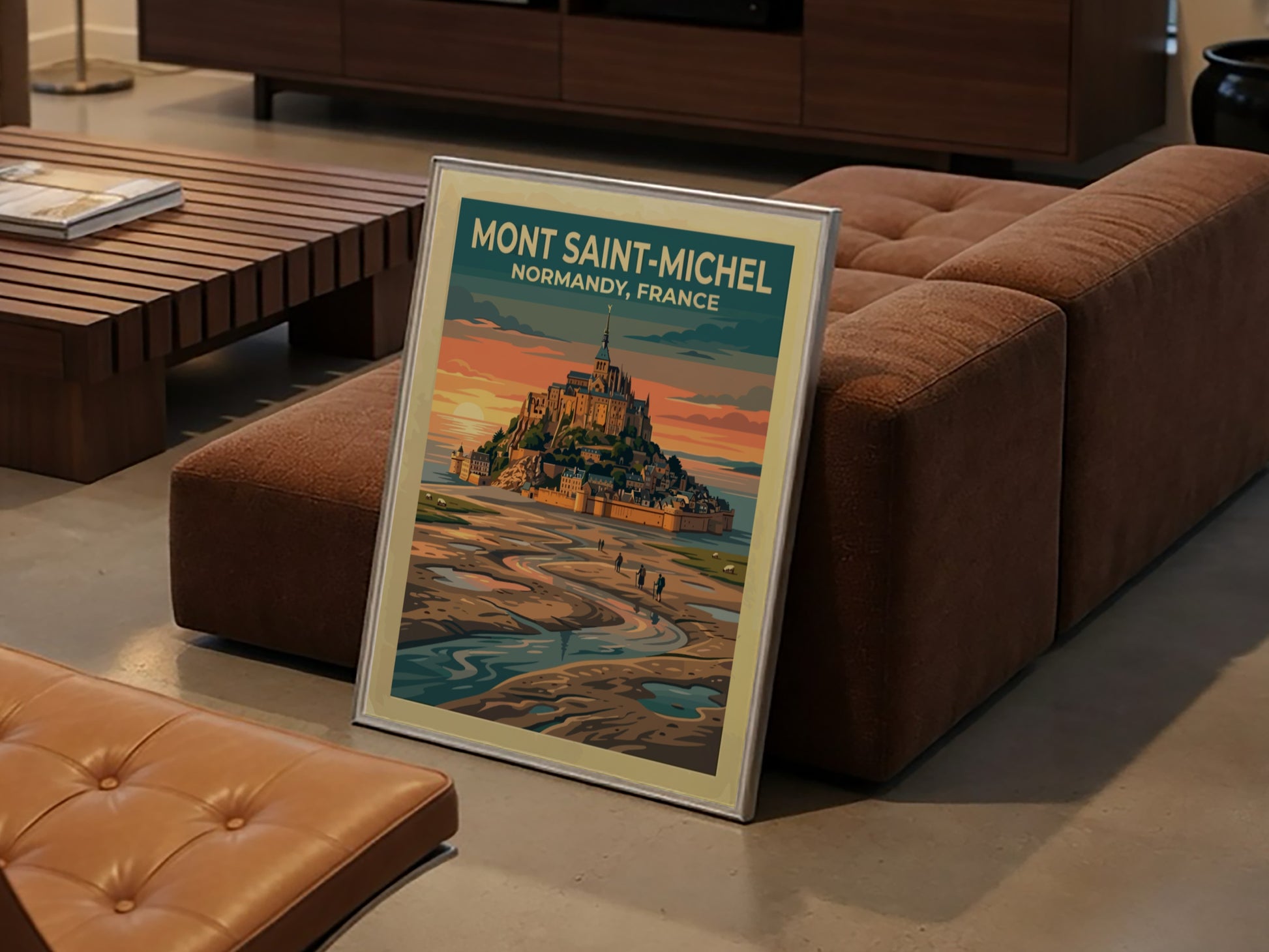 Travel poster of Mont Saint-Michel in Normandy with a golden sunset and hikers