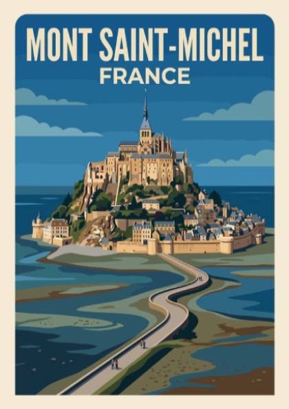 Travel poster of Mont Saint-Michel France featuring the abbey and winding stone causeway