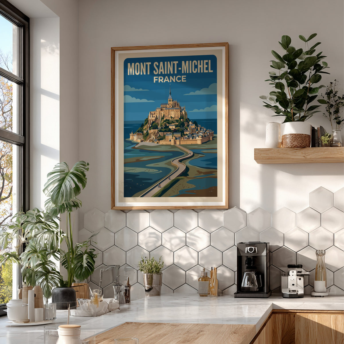 Travel poster of Mont Saint-Michel France featuring the abbey and winding stone causeway