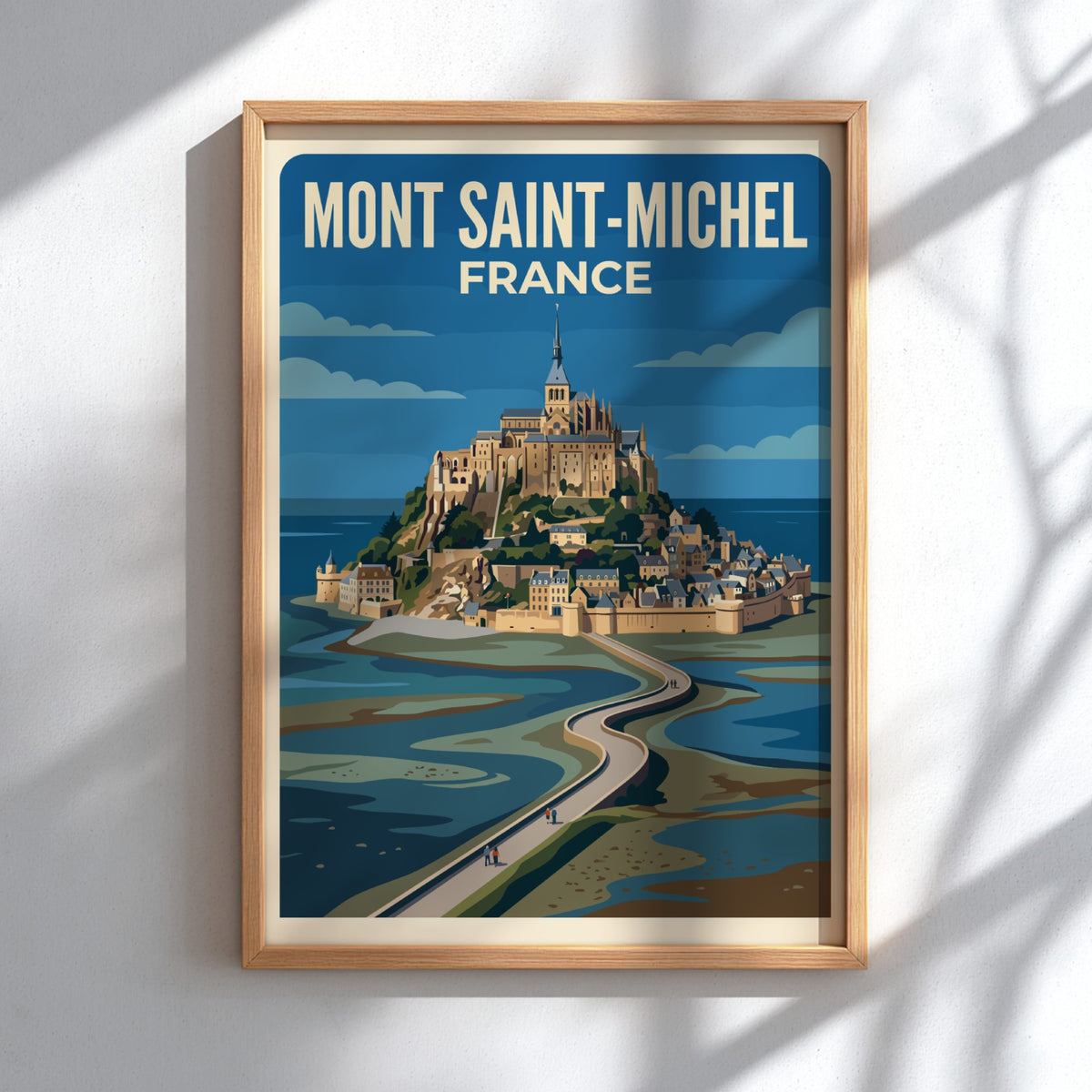 Travel poster of Mont Saint-Michel France featuring the abbey and winding stone causeway