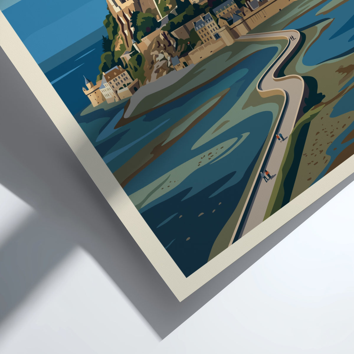 Travel poster of Mont Saint-Michel France featuring the abbey and winding stone causeway