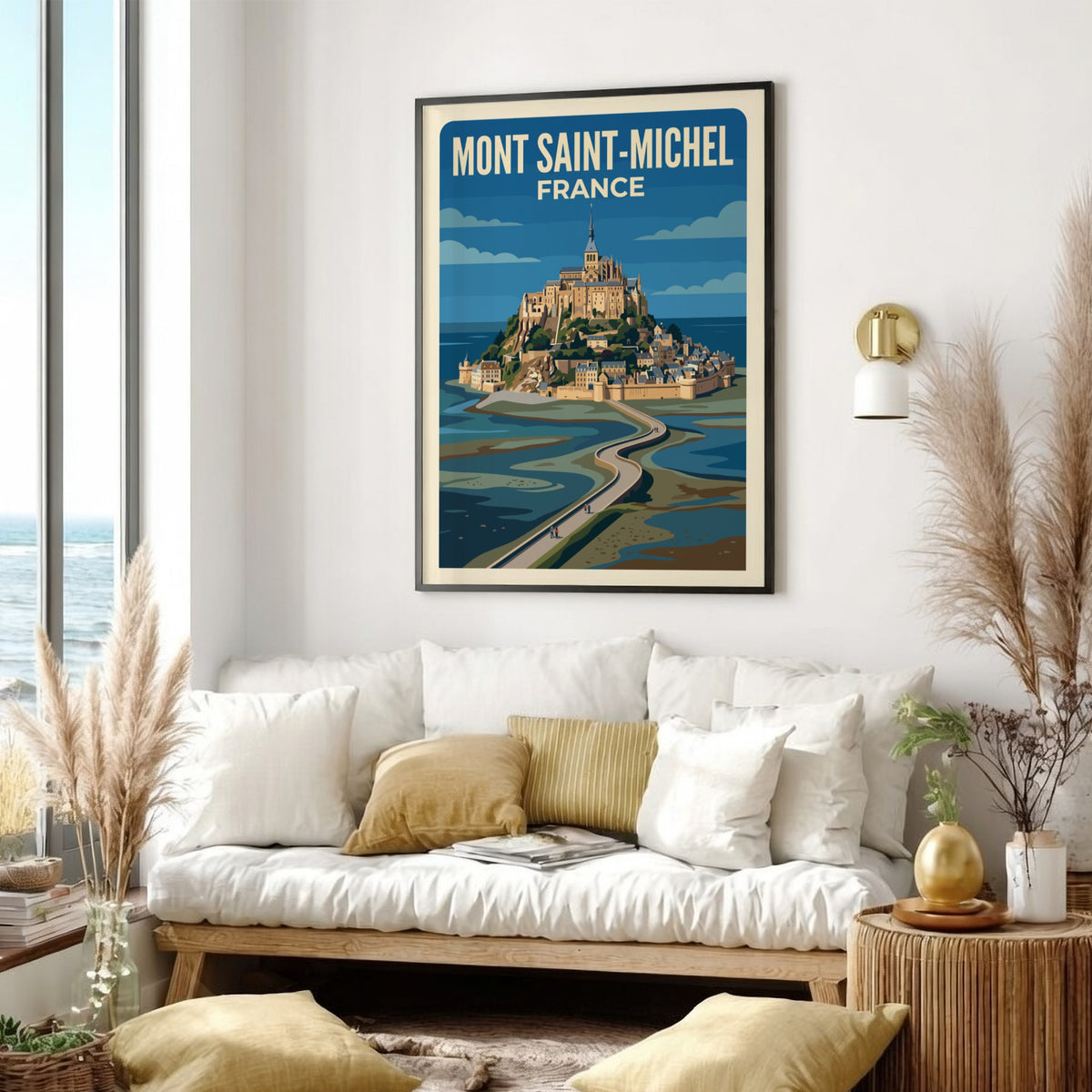 Travel poster of Mont Saint-Michel France featuring the abbey and winding stone causeway