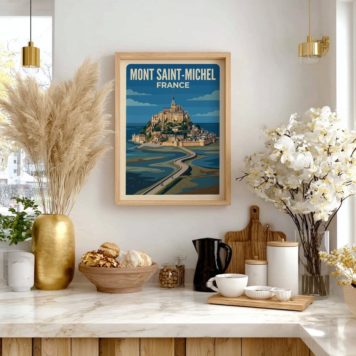 Travel poster of Mont Saint-Michel France featuring the abbey and winding stone causeway