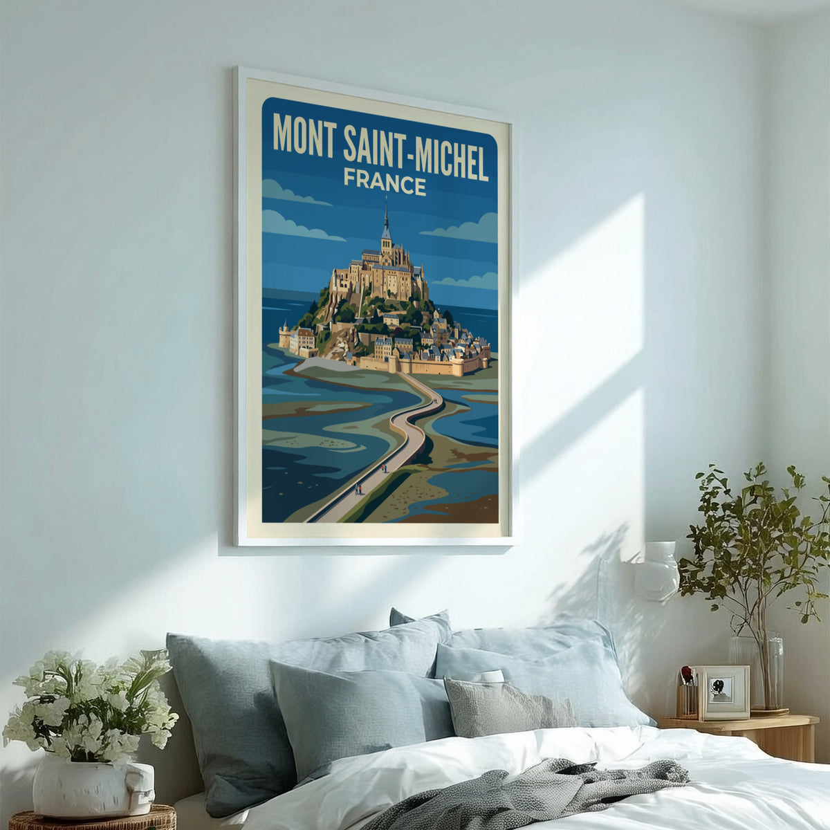 Travel poster of Mont Saint-Michel France featuring the abbey and winding stone causeway