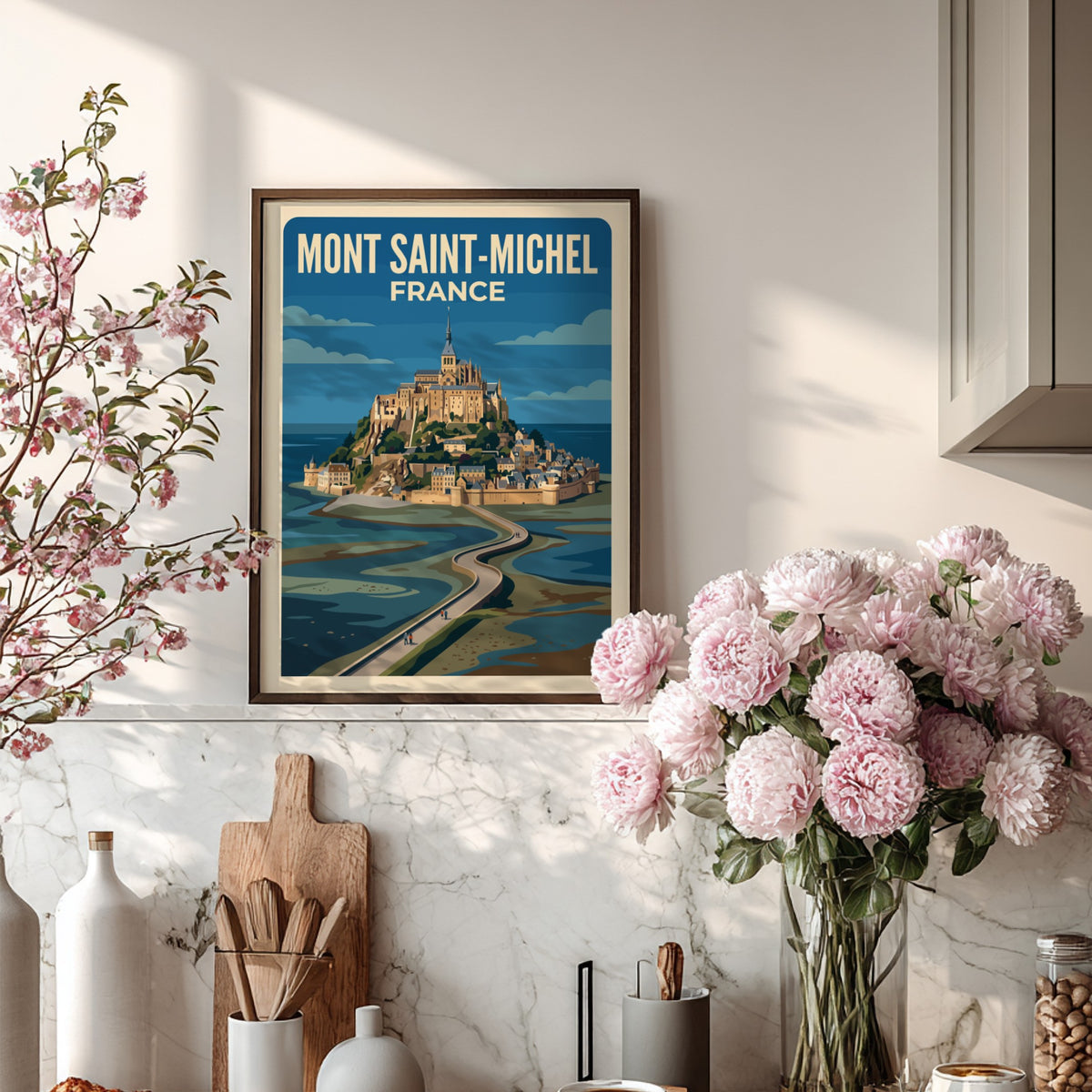 Travel poster of Mont Saint-Michel France featuring the abbey and winding stone causeway