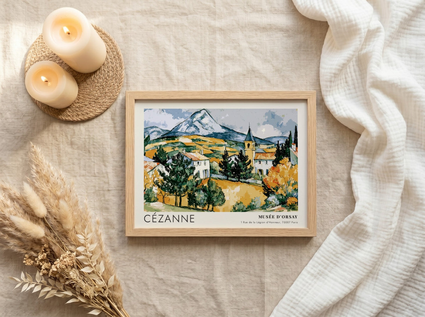 Wall art poster featuring Cézanne Mont Sainte-Victoire landscape painting in a wooden frame.