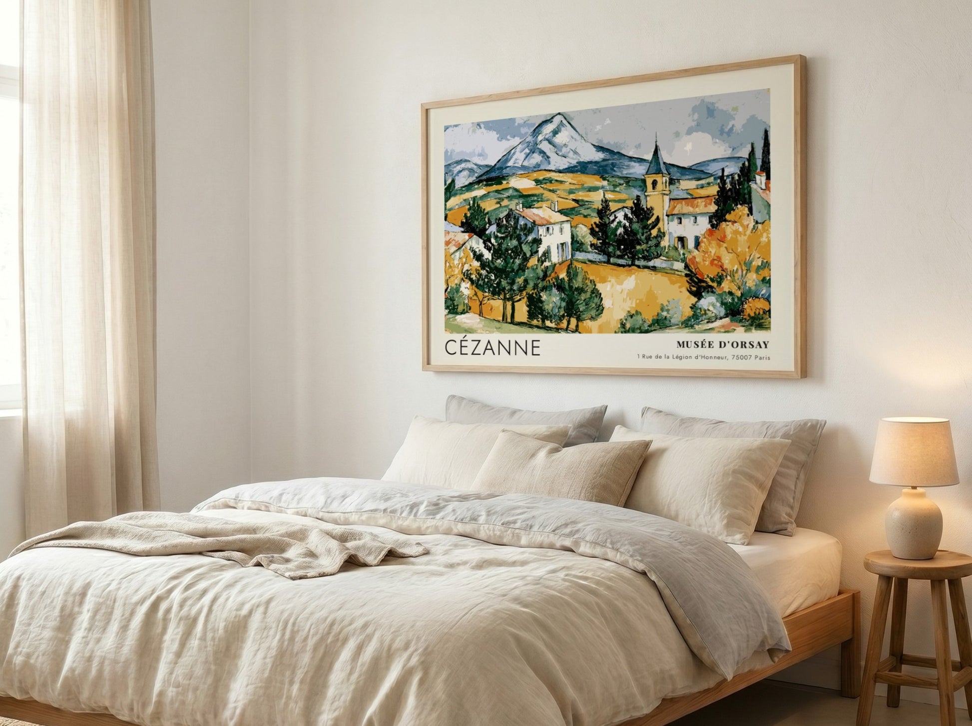 Wall art poster featuring Cézanne Mont Sainte-Victoire landscape painting in a wooden frame.