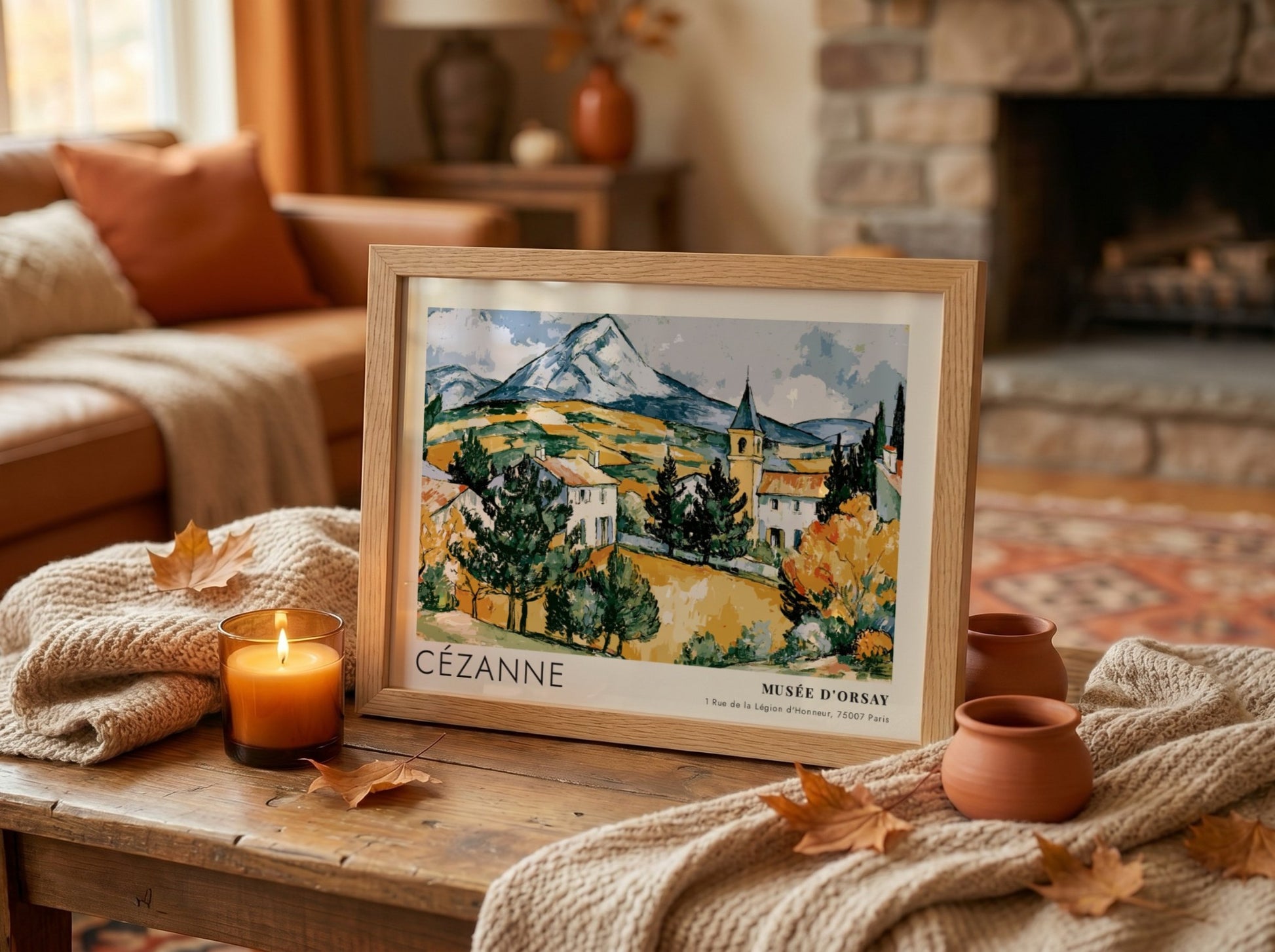Wall art poster featuring Cézanne Mont Sainte-Victoire landscape painting in a wooden frame.