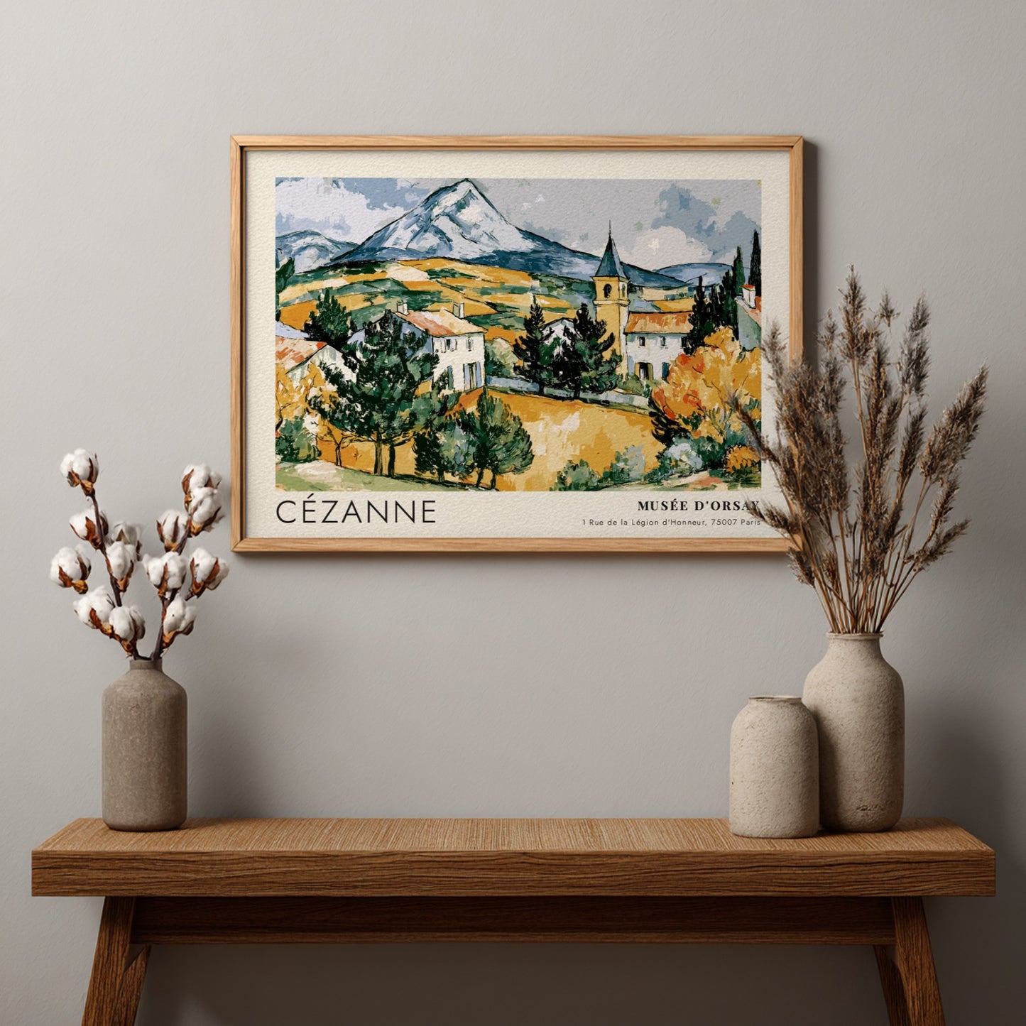 Wall art poster featuring Cézanne Mont Sainte-Victoire landscape painting in a wooden frame.