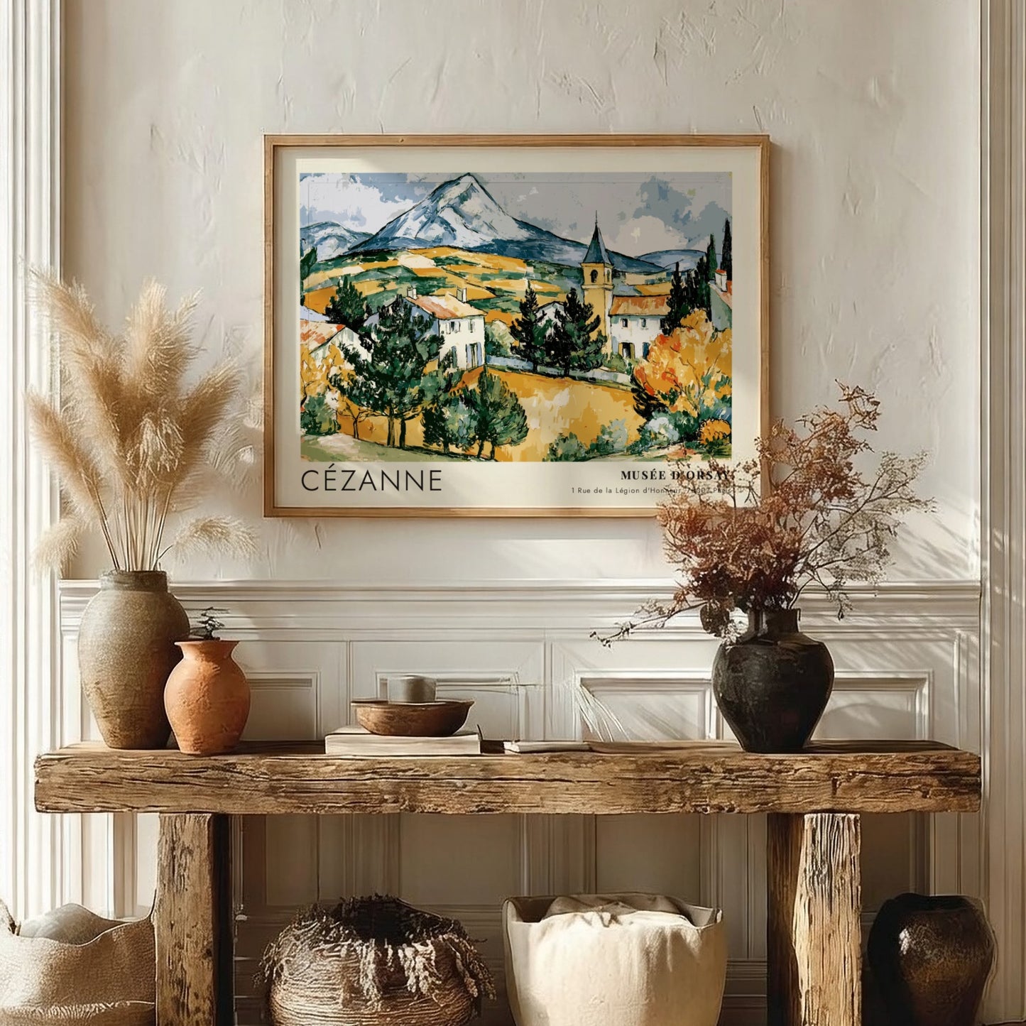 Wall art poster featuring Cézanne Mont Sainte-Victoire landscape painting in a wooden frame.