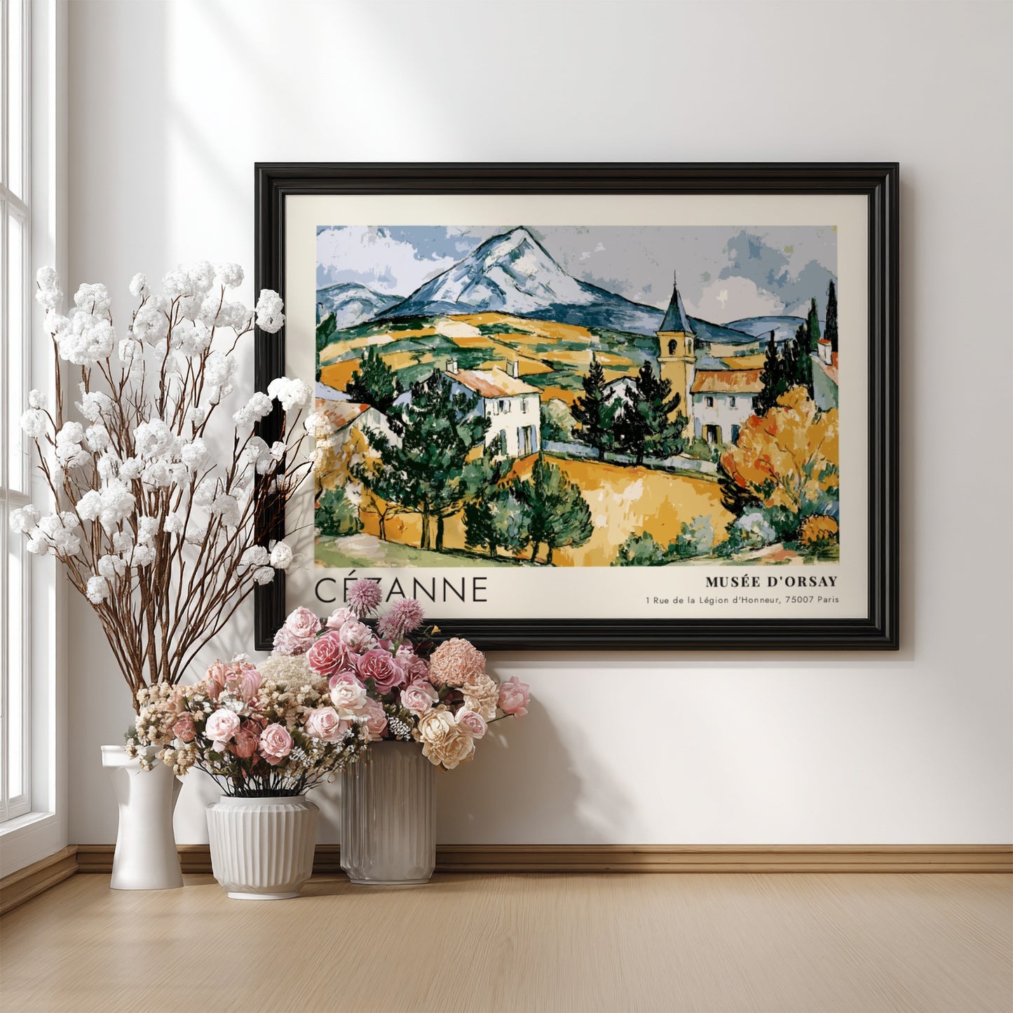 Wall art poster featuring Cézanne Mont Sainte-Victoire landscape painting in a wooden frame.