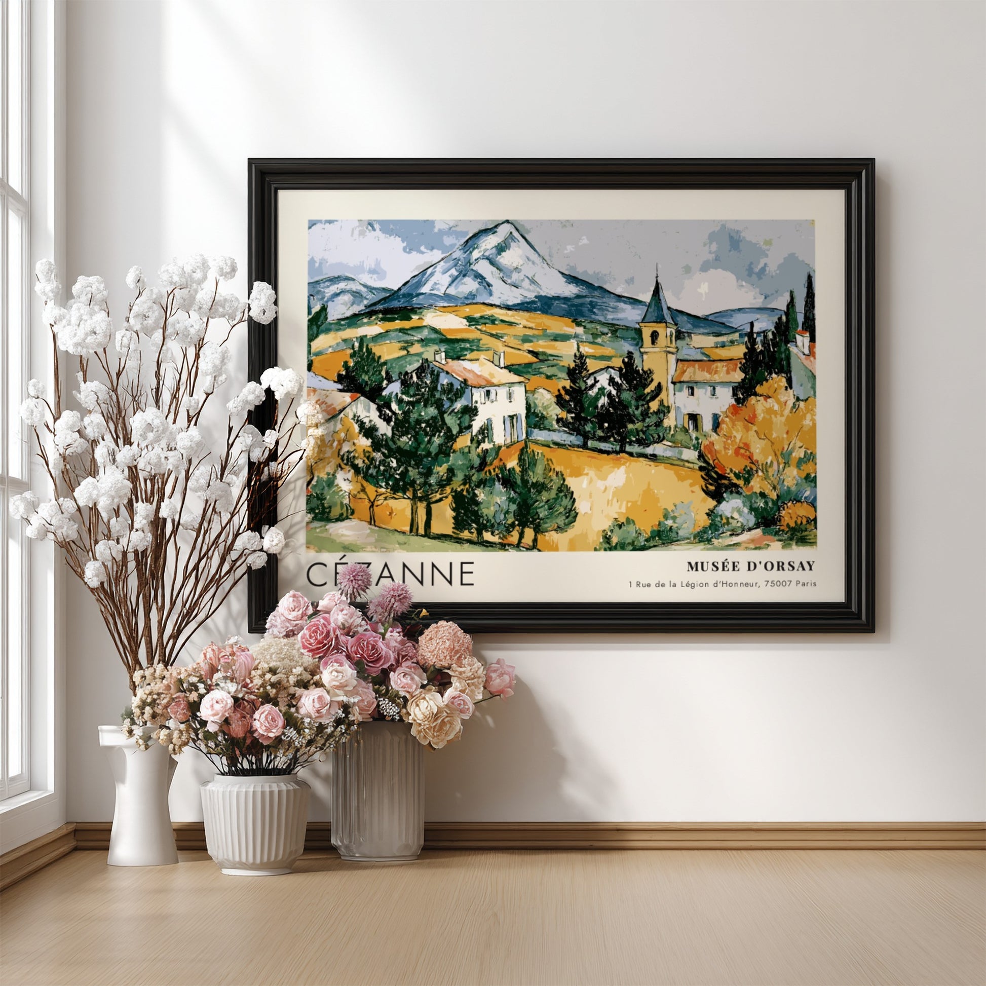 Wall art poster featuring Cézanne Mont Sainte-Victoire landscape painting in a wooden frame.