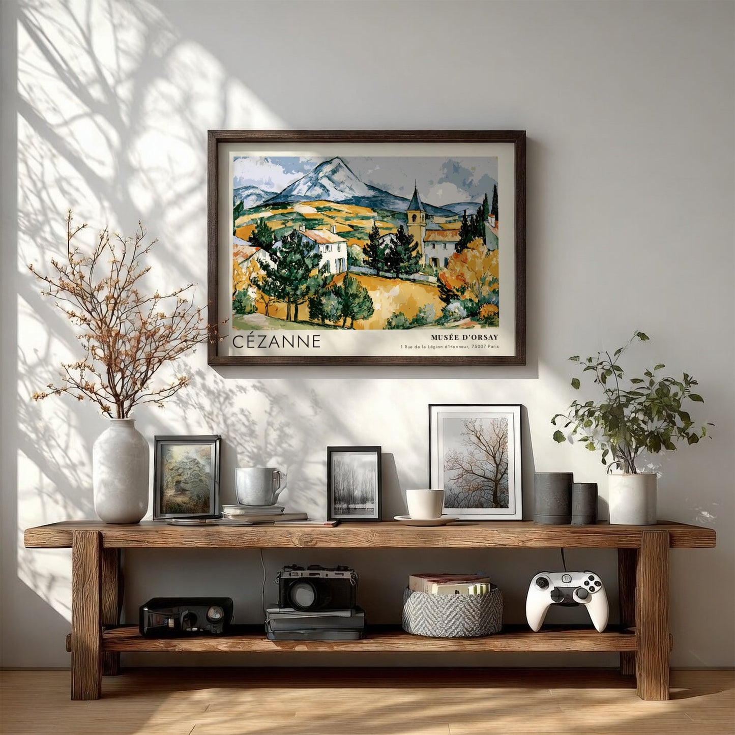 Wall art poster featuring Cézanne Mont Sainte-Victoire landscape painting in a wooden frame.