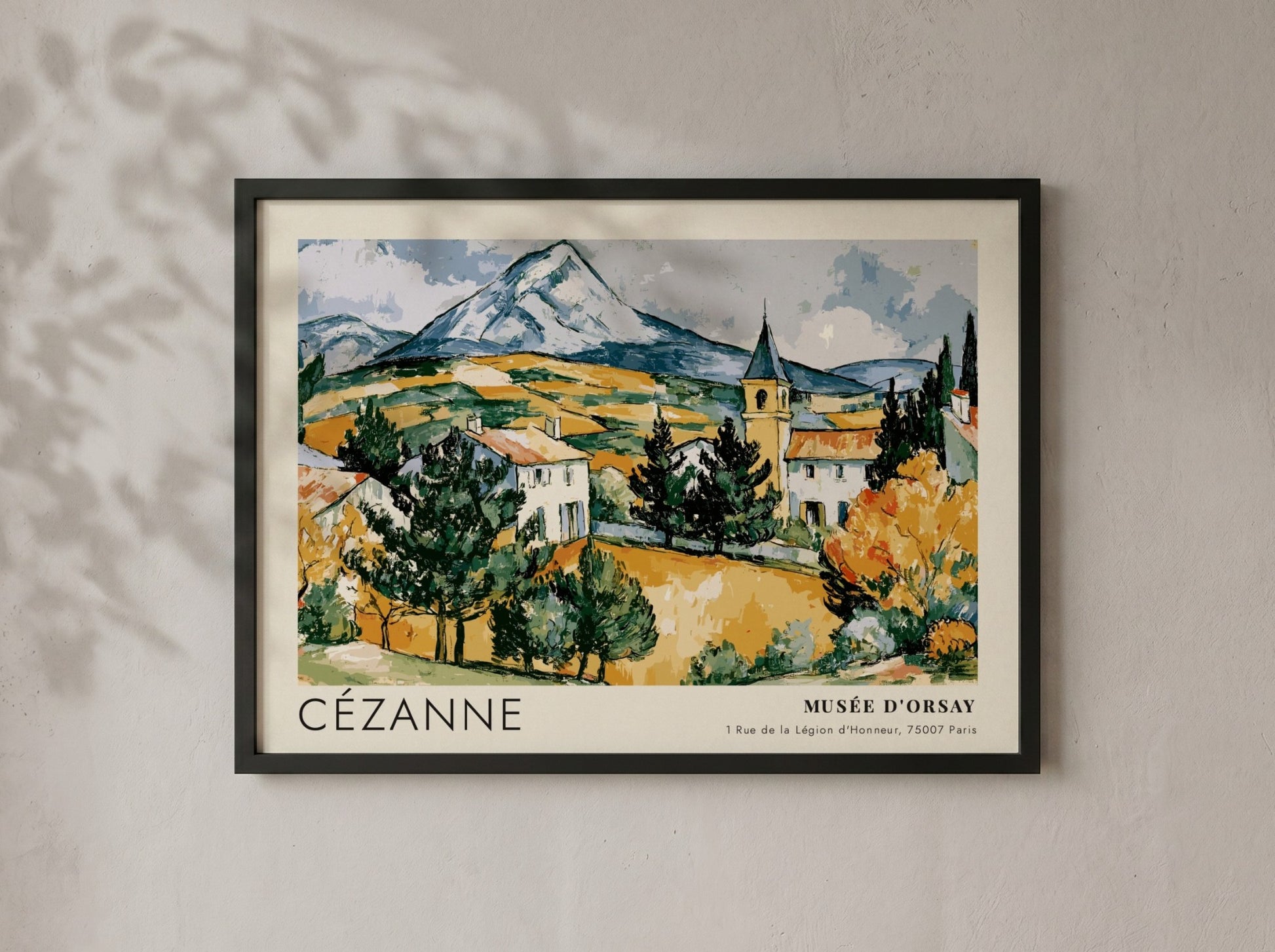Wall art poster featuring Cézanne Mont Sainte-Victoire landscape painting in a wooden frame.