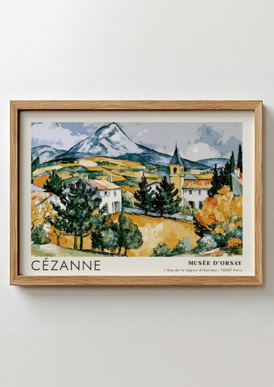 Wall art poster featuring Cézanne Mont Sainte-Victoire landscape painting in a wooden frame.