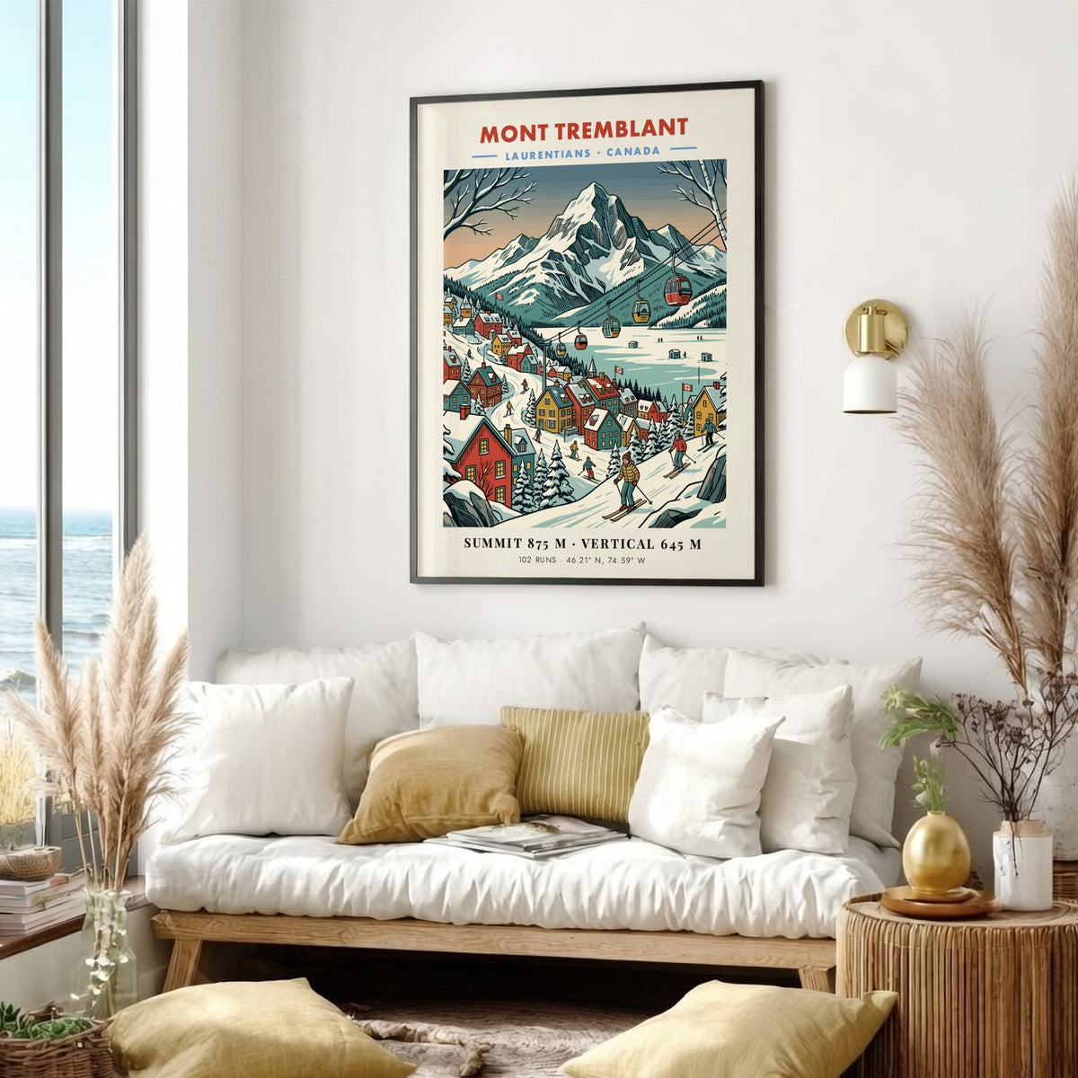 Poster of Mont Tremblant featuring a snow-covered mountain, ski village, and gondola lift line.