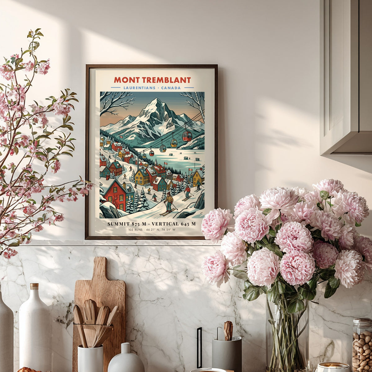 Poster of Mont Tremblant featuring a snow-covered mountain, ski village, and gondola lift line.