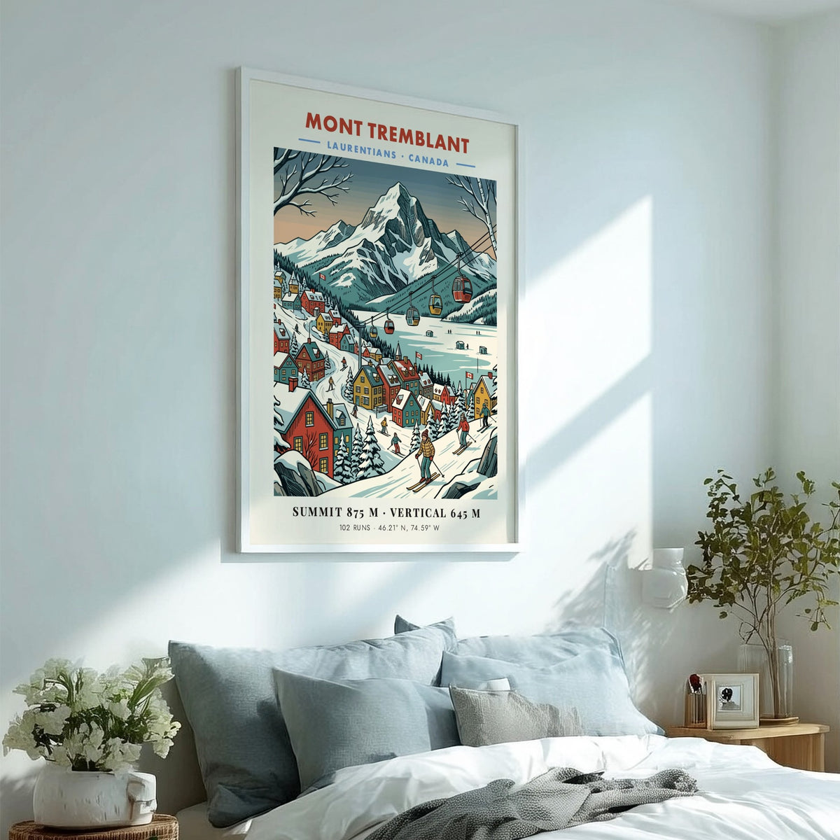 Poster of Mont Tremblant featuring a snow-covered mountain, ski village, and gondola lift line.