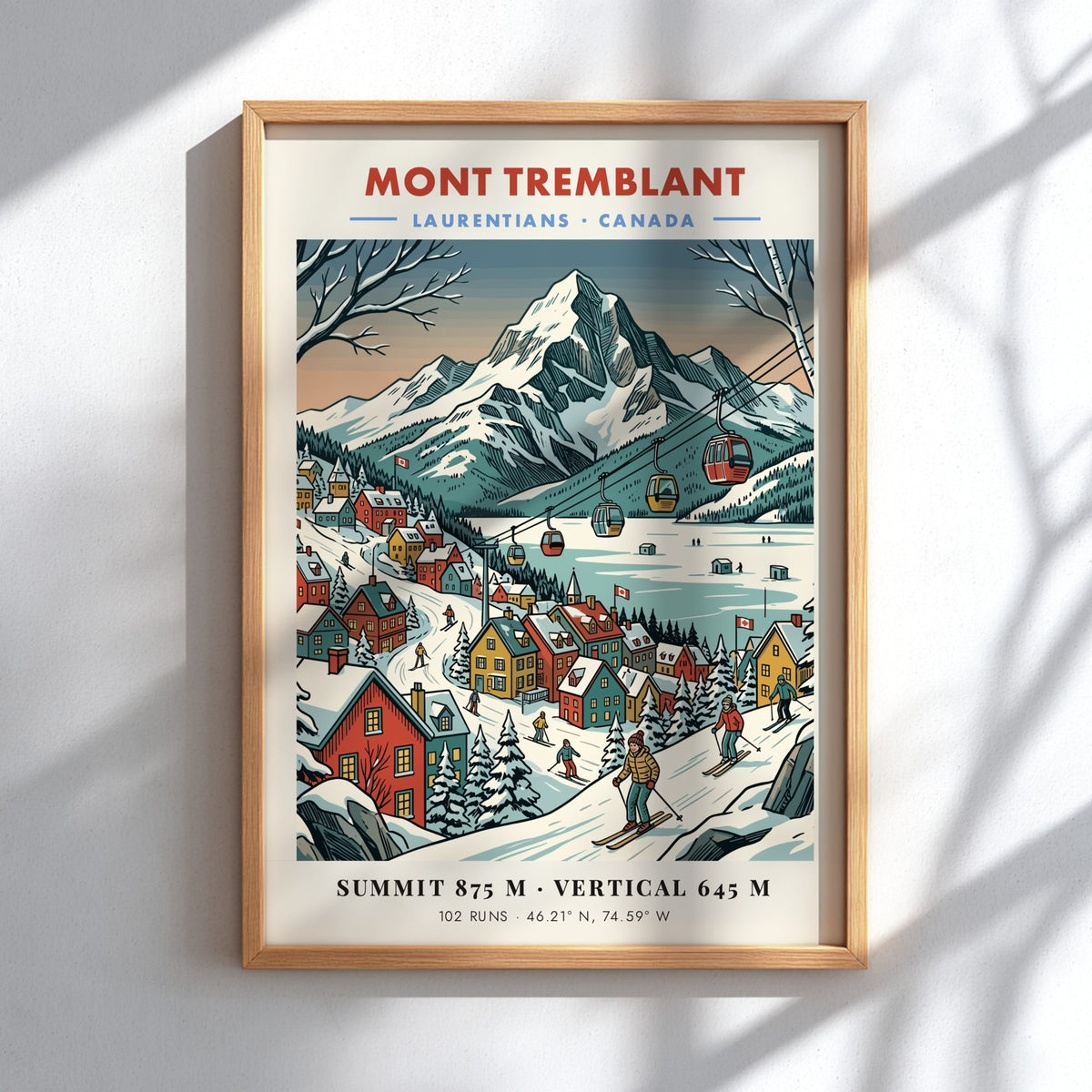 Poster of Mont Tremblant featuring a snow-covered mountain, ski village, and gondola lift line.