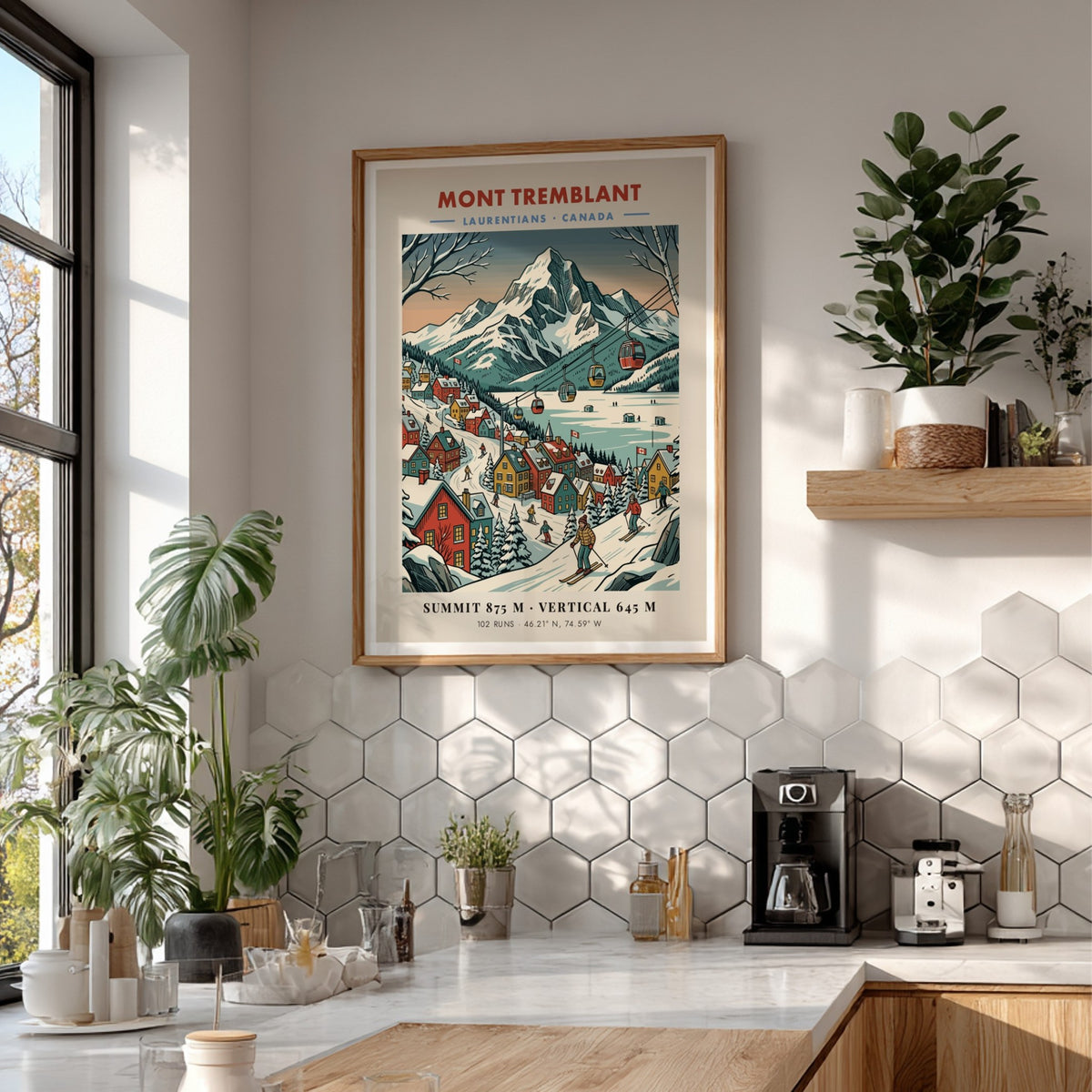 Poster of Mont Tremblant featuring a snow-covered mountain, ski village, and gondola lift line.