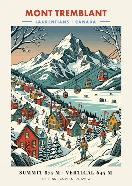 Poster of Mont Tremblant featuring a snow-covered mountain, ski village, and gondola lift line.
