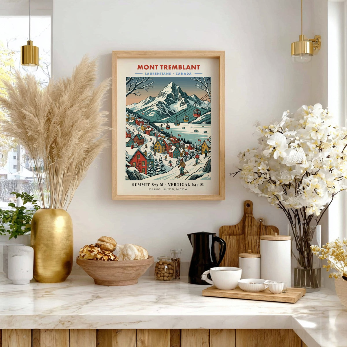 Poster of Mont Tremblant featuring a snow-covered mountain, ski village, and gondola lift line.