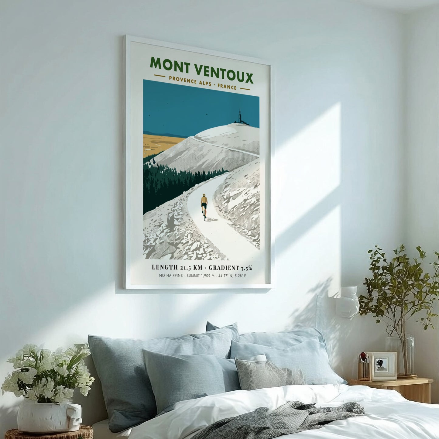 Mont Ventoux cycling poster featuring a rider on a mountain road with observatory.