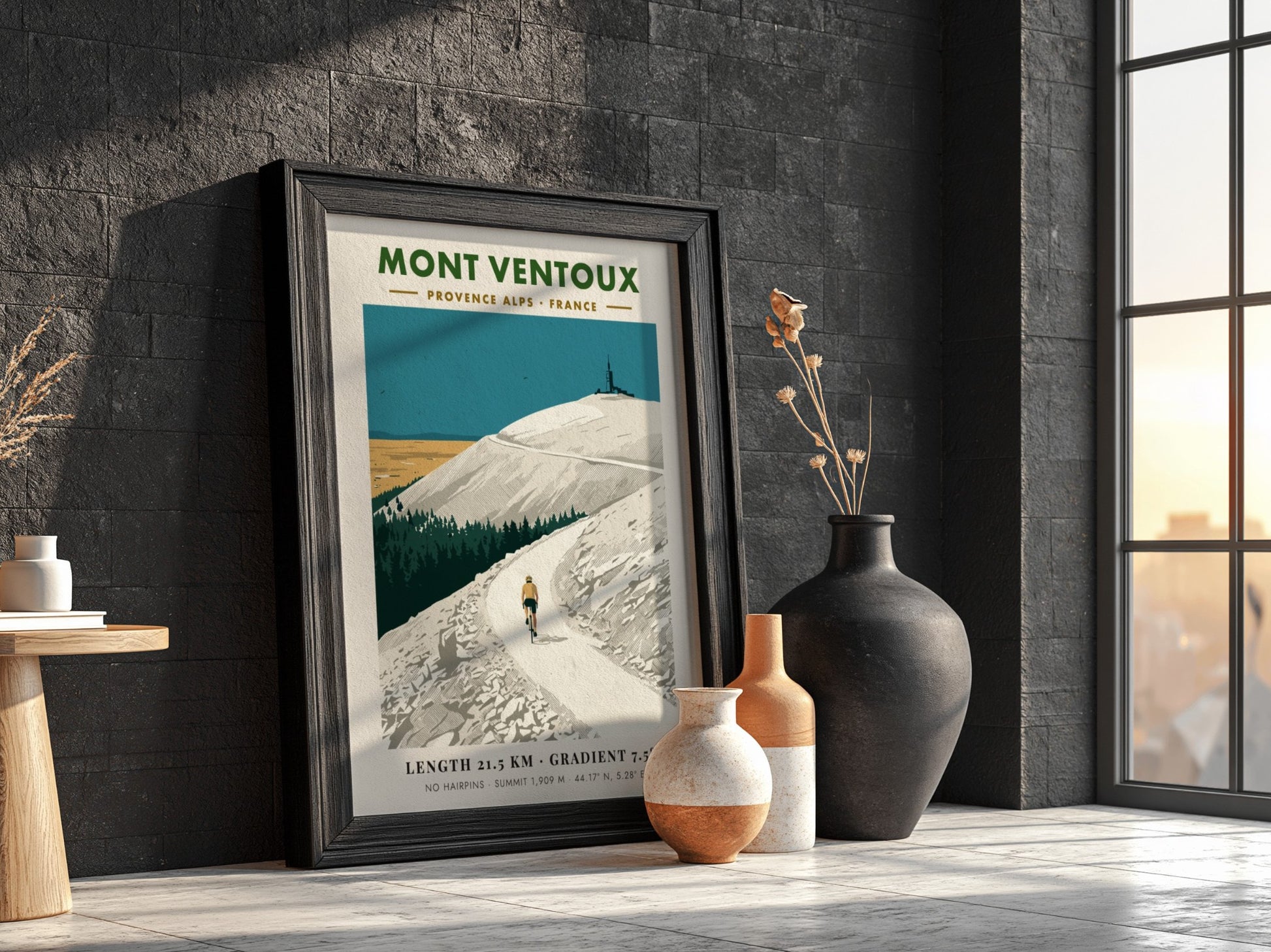 Mont Ventoux cycling poster featuring a rider on a mountain road with observatory.