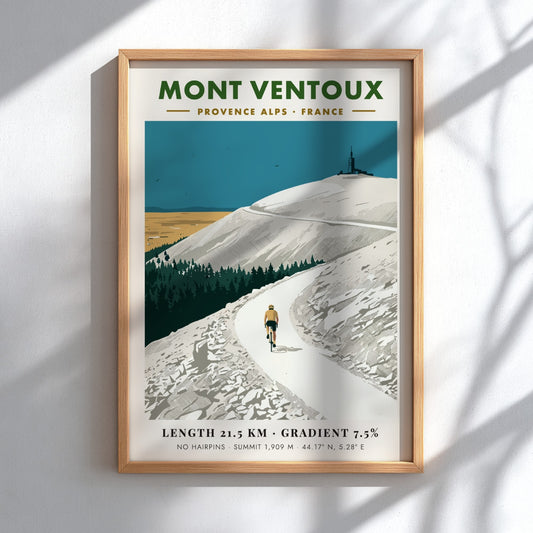 Mont Ventoux cycling poster featuring a rider on a mountain road with observatory.