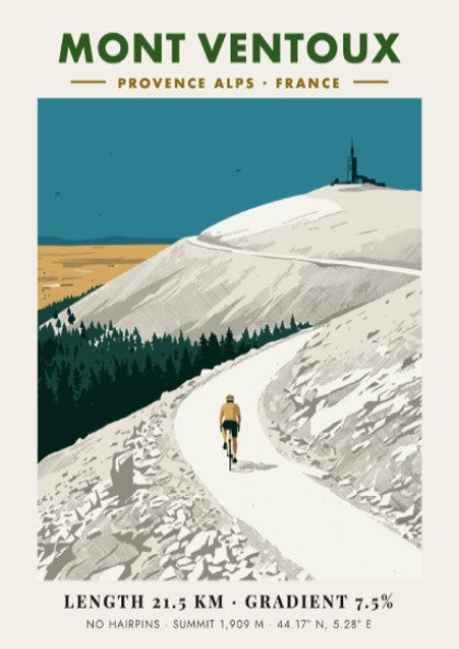 Mont Ventoux cycling poster featuring a rider on a mountain road with observatory.