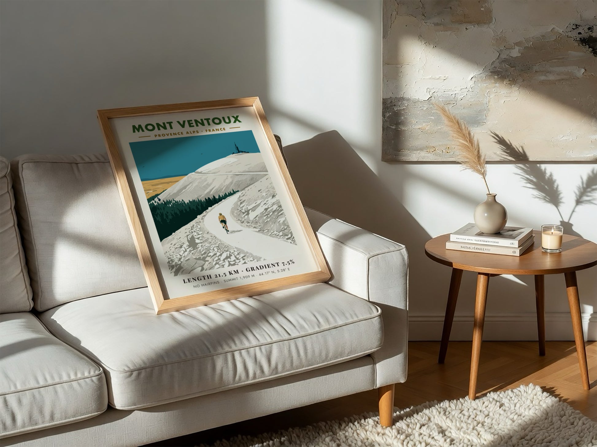 Mont Ventoux cycling poster featuring a rider on a mountain road with observatory.