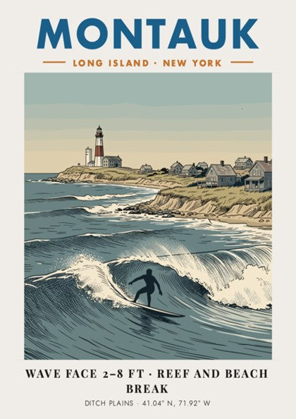 Poster of Montauk lighthouse and surfer at Ditch Plains with blue ocean waves