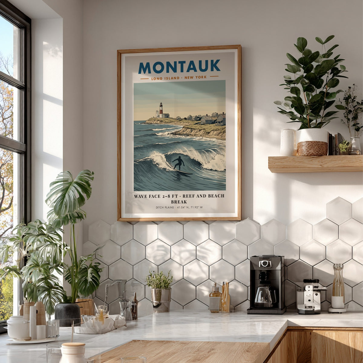 Poster of Montauk lighthouse and surfer at Ditch Plains with blue ocean waves
