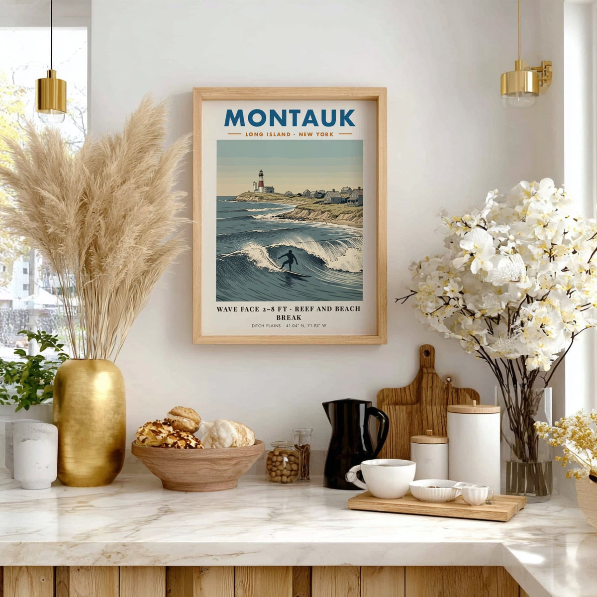 Poster of Montauk lighthouse and surfer at Ditch Plains with blue ocean waves
