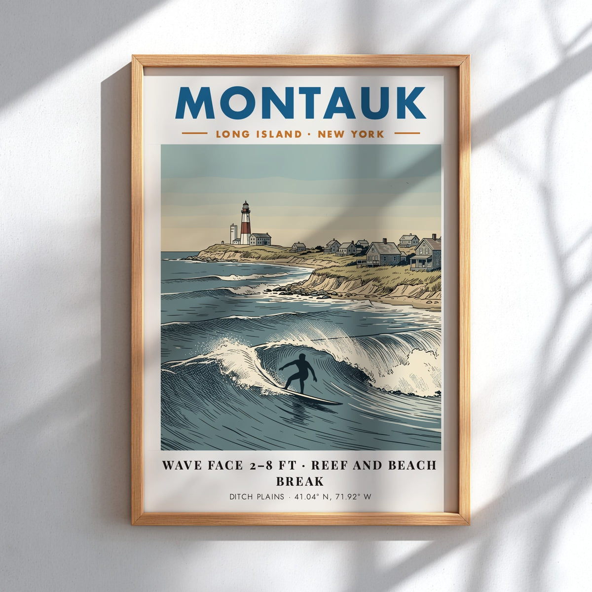 Poster of Montauk lighthouse and surfer at Ditch Plains with blue ocean waves