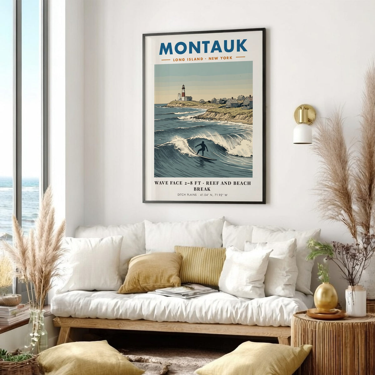 Poster of Montauk lighthouse and surfer at Ditch Plains with blue ocean waves