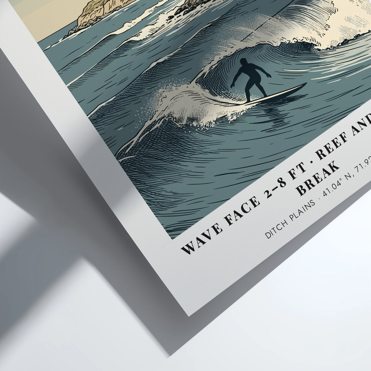 Poster of Montauk lighthouse and surfer at Ditch Plains with blue ocean waves